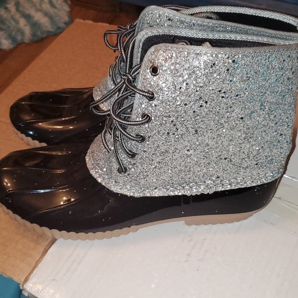 Black and Silver Glitter Duck Boots